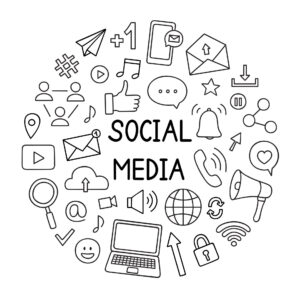 social media doodle set online communication in sketch style illustration isolated on white background vector